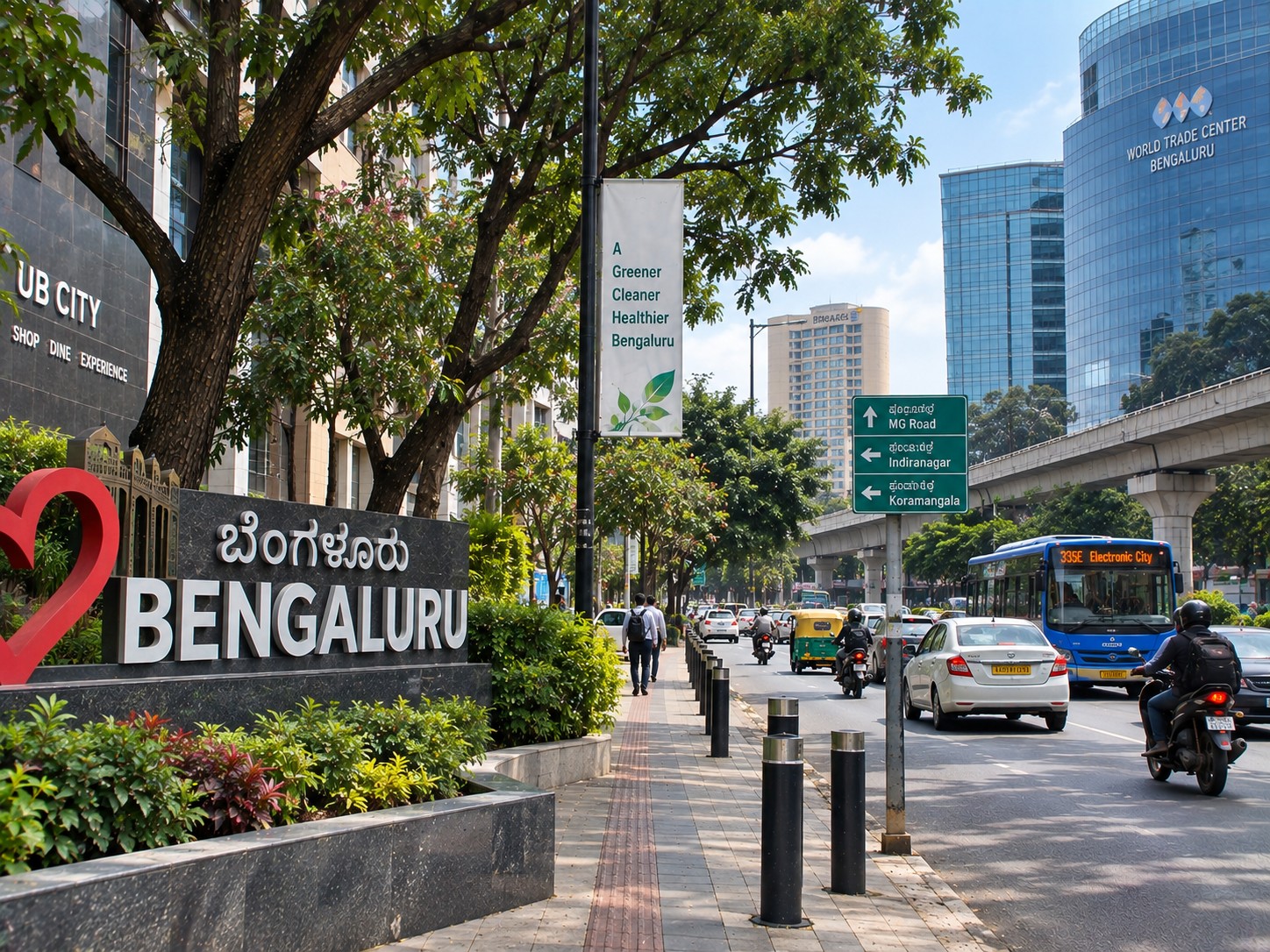 Bangalore cityscape with Vidhana Soudha, metro, skyline and busy city roads