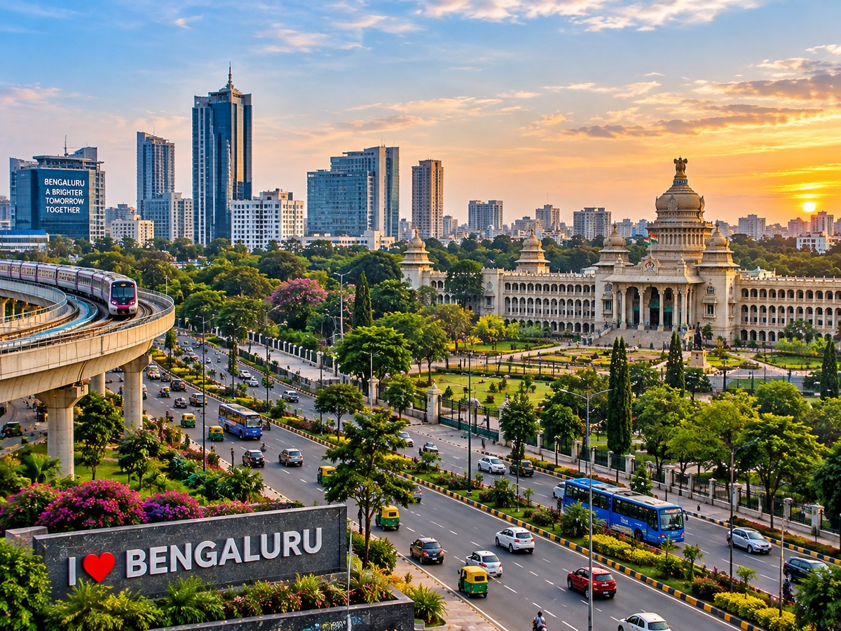 Bangalore cityscape with Vidhana Soudha, metro, skyline and busy city roads