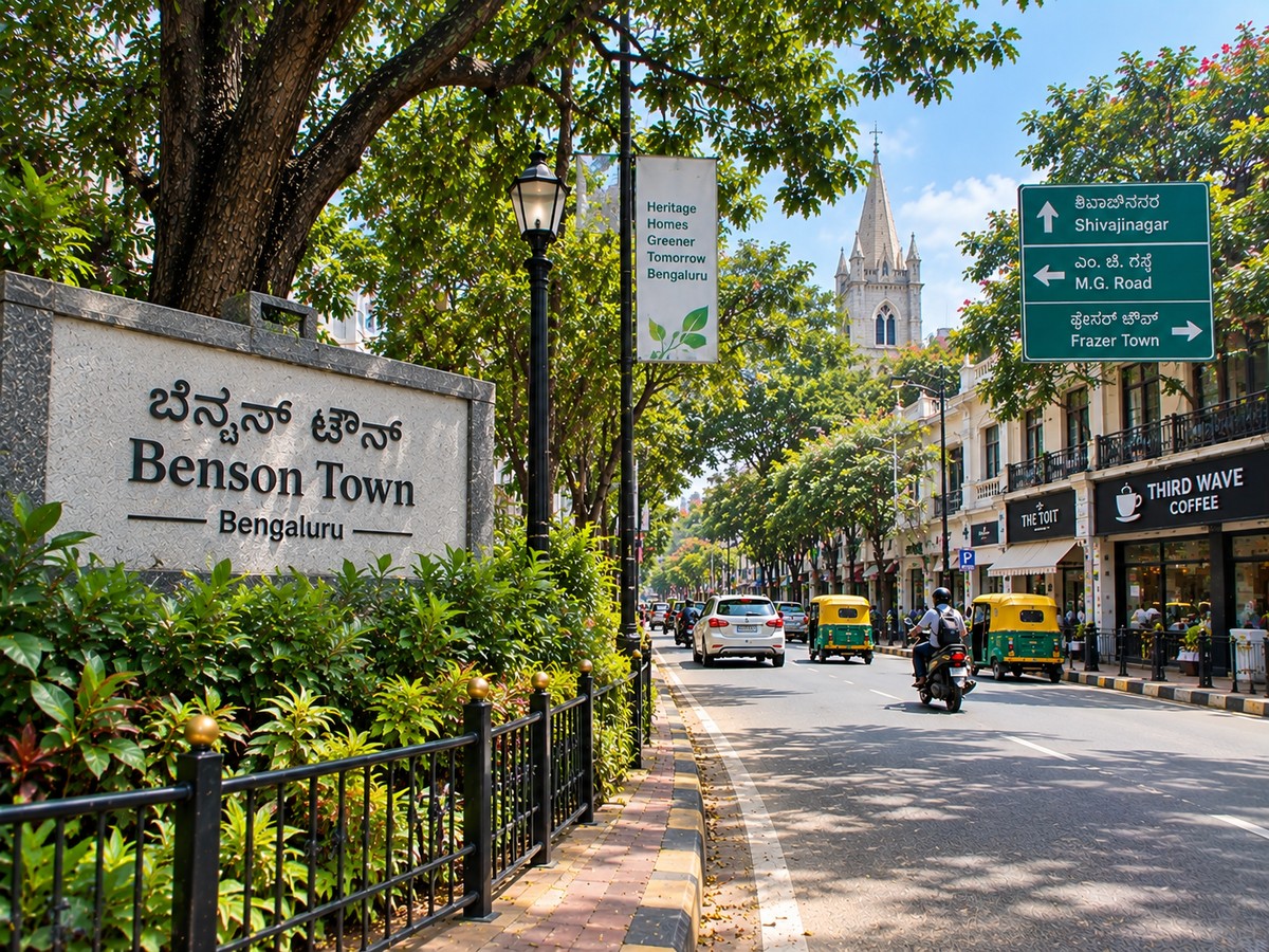Benson Town Bangalore heritage-style street with trees, shops and local traffic