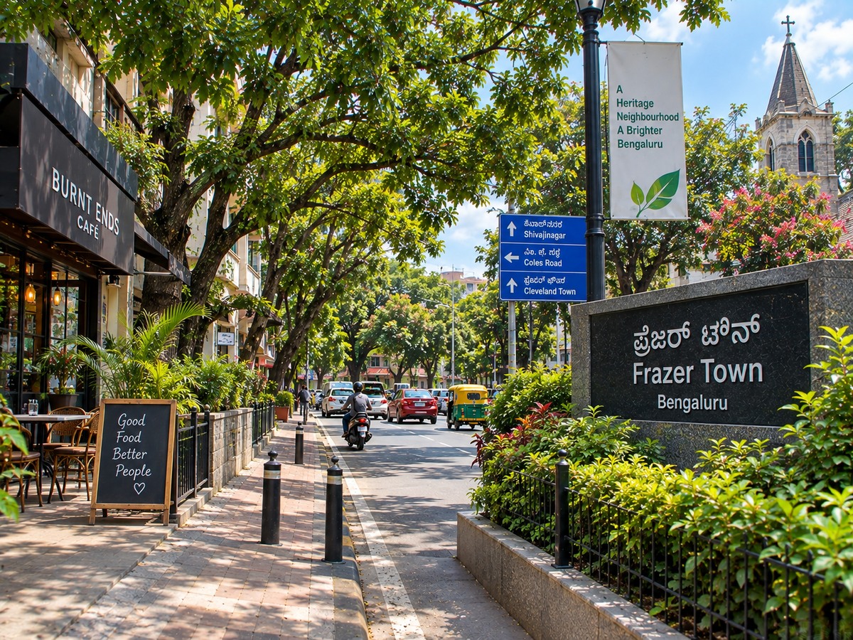Frazer Town Bangalore leafy street with heritage buildings, cafes and local traffic
