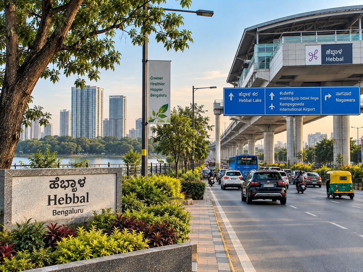 Hebbal Bangalore cityscape with Hebbal Lake, elevated metro and busy roads