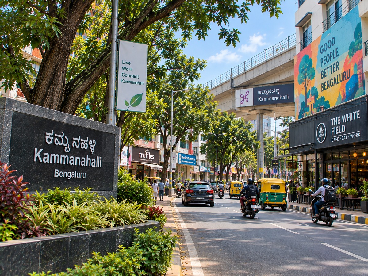 Kammanahalli Bangalore commercial street with cafes, shops, vehicles and metro infrastructure