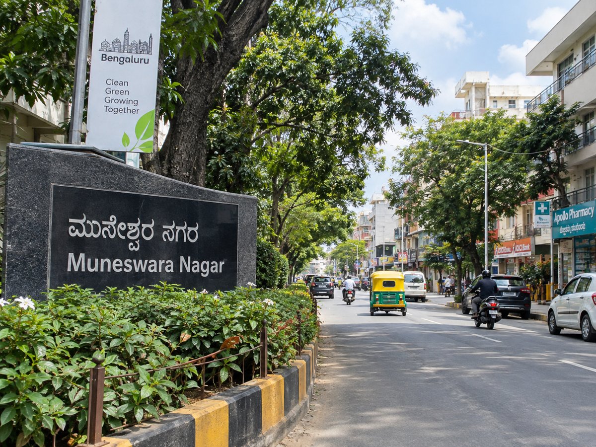 Muneshwara Nagar Bangalore street view with local shops, vehicles and greenery