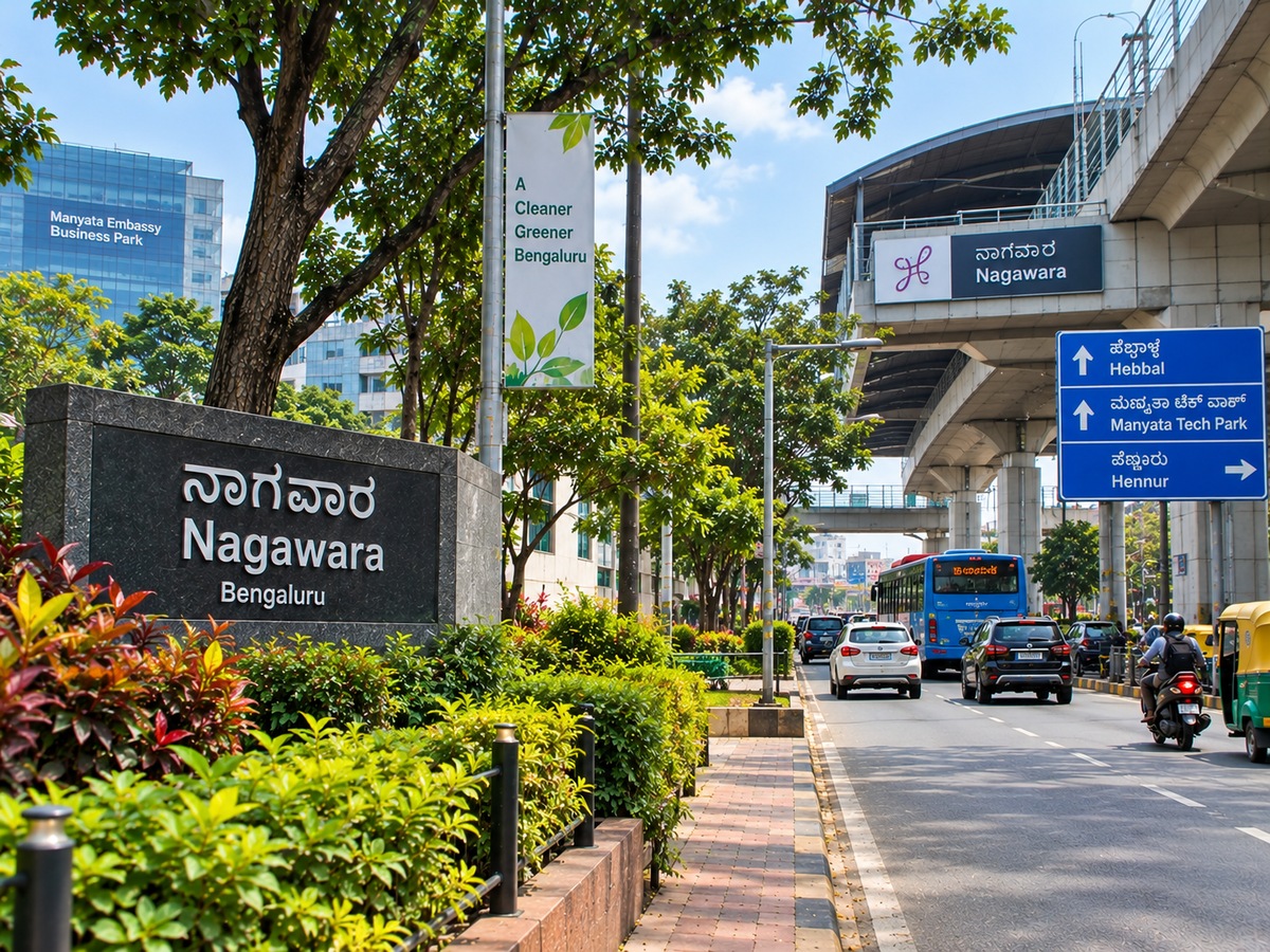 Nagawara Bangalore city road with metro infrastructure, traffic and Manyata Tech Park