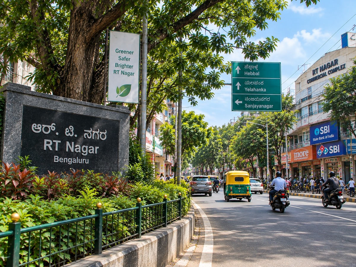 RT Nagar Bangalore busy commercial road with shops, traffic and greenery