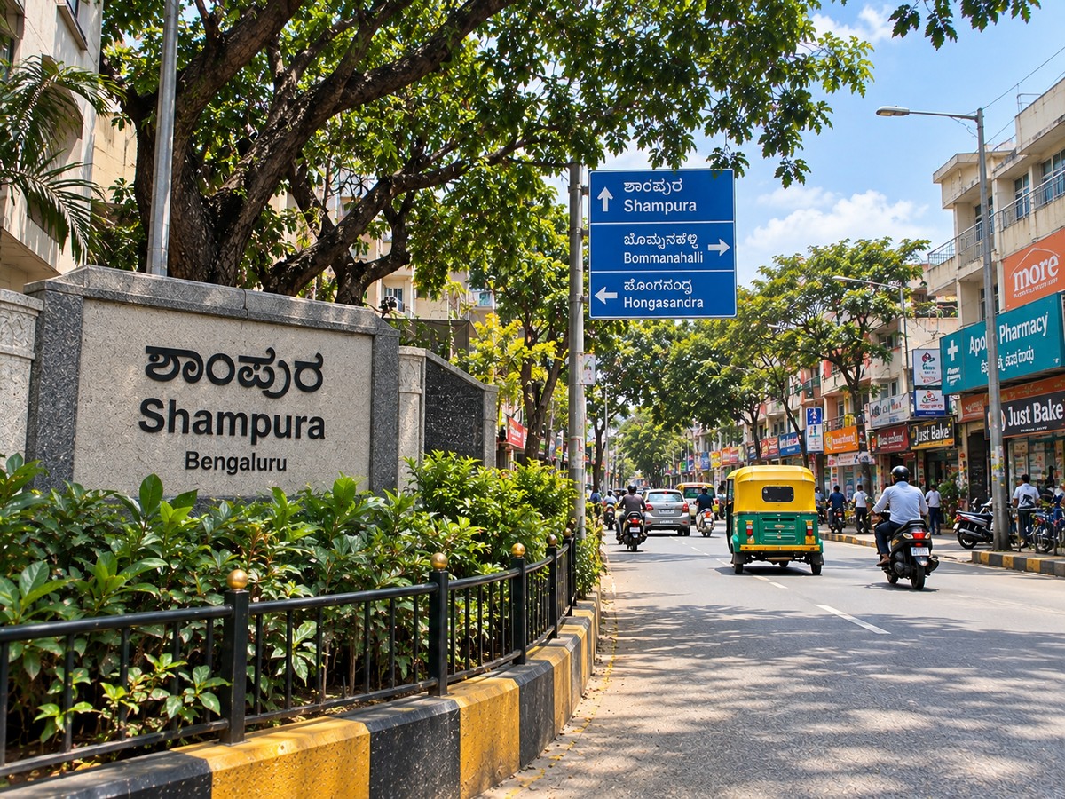 Shampura Bangalore street scene with local shops, greenery and city traffic